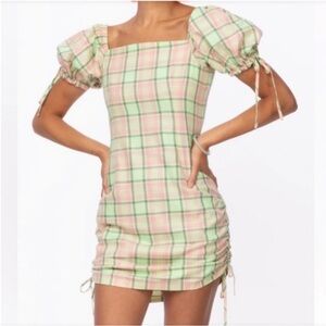 The Ragged Priest Women Gingham Plaid Mini Dress, Apple Pink Green Combo Small S